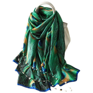Nueva bufanda con estampado de plumas de pavo real suave y protección solar