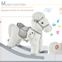 White Plush Rocking Horse With Bear Toy For Kids, Soft   Sound Rocker, Ideal For Nursery  Playtime