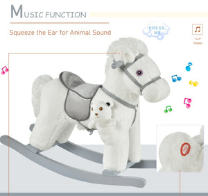 White Plush Rocking Horse With Bear Toy For Kids, Soft   Sound Rocker, Ideal For Nursery  Playtime