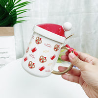 Santa Hat Lid Ceramic Bowknot Handle Christmas Mugs
