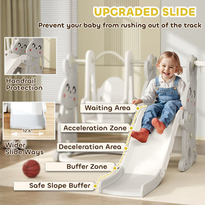 4 In 1 Toddler Slide And Swing Set With Climber, Basketball Hoop, Rabbit Themed Kids Playset For Ages 1.5-4, Gray