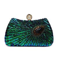 Beaded Peacock Feather Large Pearl Rhinestone Handbag