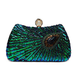 Beaded Peacock Feather Large Pearl Rhinestone Handbag