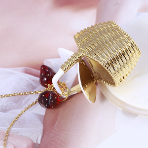 Simple Woven Picnic Basket Strawberry Pendant Long Necklace
