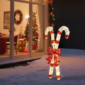Lighted Candy Cane And Red Bowknot Christmas Decorations, Pre-lit 2D Holiday Decor With 100 Warm White LED Lights For Xmas Outdoor Indoor Decor Lighted Holiday Displays