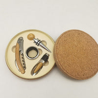 Round Leather Wood Tin Box Wine Set (4 Pc)
