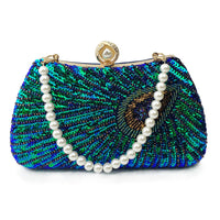 Beaded Peacock Feather Large Pearl Rhinestone Handbag
