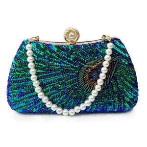 Beaded Peacock Feather Large Pearl Rhinestone Handbag