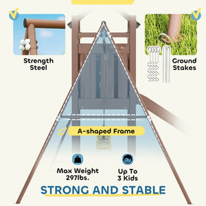 Kids Swing Set With 6 FT Slide, 2 Adjustable Swings, Fort With Canopy, Ladder, Ground Stakes For Ages 3-8, Brown