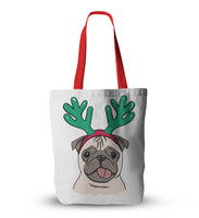 Canvas Christmas Pug Print Tote Bags
