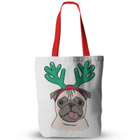 Canvas Christmas Pug Print Tote Bags