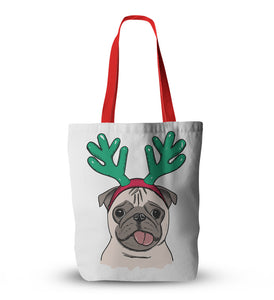 Canvas Christmas Pug Print Tote Bags