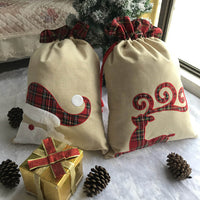 Plaid Santa Reindeer Drawstring Gift Bags