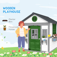 Wooden Playhouse For Kids Outdoor With Doors, Windows, Planter Pots And Boxes For Toddlers 3-8 Years, White
