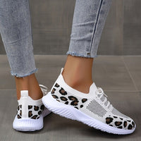 Chaussures blanches femmes baskets à lacets imprimé léopard sport
