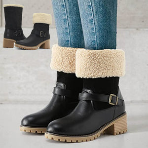 Botas de moda con hebilla Zapatos de tacón grueso Botas occidentales cálidas de invierno con punta redonda para mujer
