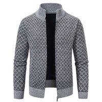 Thickened Plaid Print Jacket Cardigan Slim Fit Zipper Stand Collar Sweater (Mens)