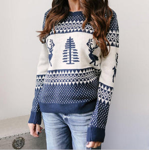 Christmas Sweater Cute Elk Geometric Print Knitted Sweater