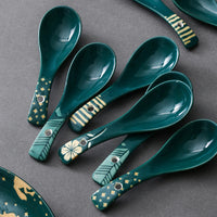 Dark Green Underglaze Porcelain Spoon Household Japanese Style Tableware Peacock Green Ceramic Small Spoon
