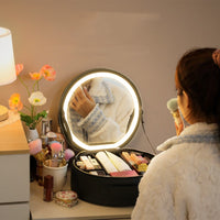 Trousse cosmétique circulaire avec miroir et lumière grande capacité
