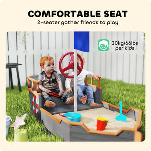 Kids Wooden Sandbox Pirate Ship Sandboat W Bench Seat Storage Space Cedar Wood, Gray