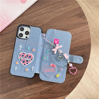 Denim Embroidery Heart Flip Cover iPhone Case