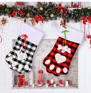 Christmas Decoration Red And Black Plaid Dog Paw Stockings