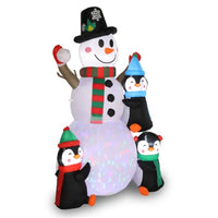 6ft With 3 Penguins, 4 Light Strings, 1 Colorful Rotating Light, Inflatable, Garden Snowman Decoration
