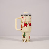 New Christmas Pattern Mug With Handle Lid Straw Drinkware Stainless Steel Vacuum Tumbler Large Capacity Car Travel Coffee Cup
