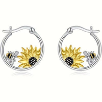 Sunflower Bee Round Ring Earrings