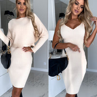 Ribbed Long-sleeved Top Over Strap Dress