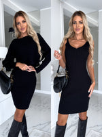 Ribbed Long-sleeved Top Over Strap Dress
