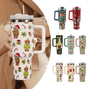 Tasse à motif de noël avec couvercle et poignée, verres en paille, gobelet sous vide en acier inoxydable, grande capacité, tasse à café de voyage en voiture, nouvelle collection