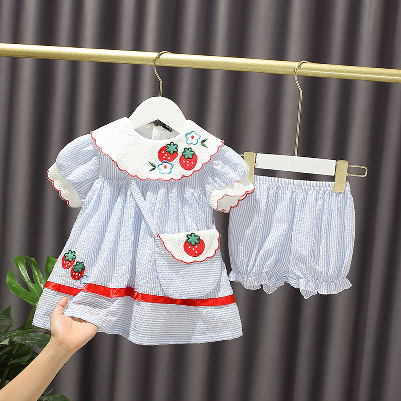 Blue Pinstripe Strawberry Lapel Embroidered Dress (Toddler/Child)