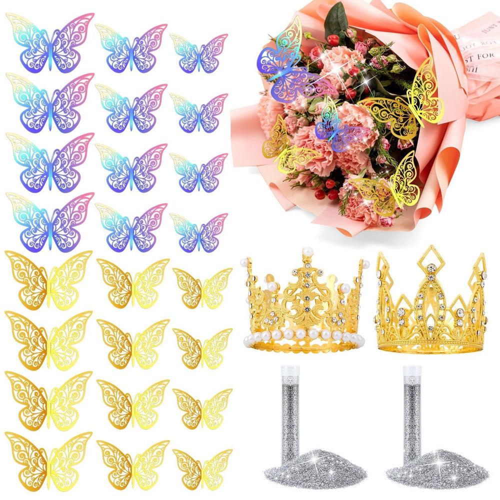 Gold Crowns For Flower Bouquets, Flower Bouquet Accessories Set 24 Butterflies 2 Crown Topper 2 Sliver Glitter Powder For Birthday Baby Shower Cake Topper Wedding Party Decorations