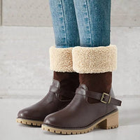 Botas de moda con hebilla Zapatos de tacón grueso Botas occidentales cálidas de invierno con punta redonda para mujer
