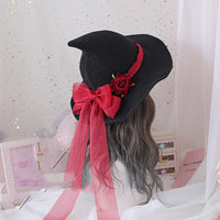 Sombrero de bruja Retro para mascarada, sombrero de mago con lazo grande rosa, sombrero mágico gótico para niña, accesorios de Cosplay, decoración de fiesta
