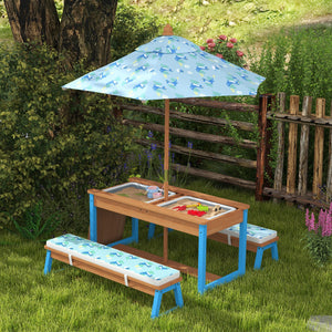 Kids Picnic Table Set With Foldable Umbrella, Removable Cushions & Boxes, Dinosaur Theme, Blue