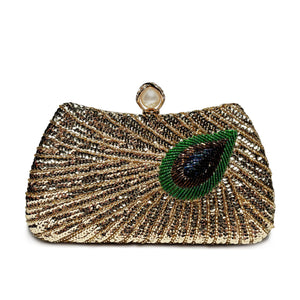 Beaded Peacock Feather Large Pearl Rhinestone Handbag