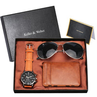 New Men's Quartz Watch Set Glasses Wallet Gift Set Box