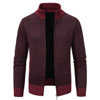 Thickened Plaid Print Jacket Cardigan Slim Fit Zipper Stand Collar Sweater (Mens)
