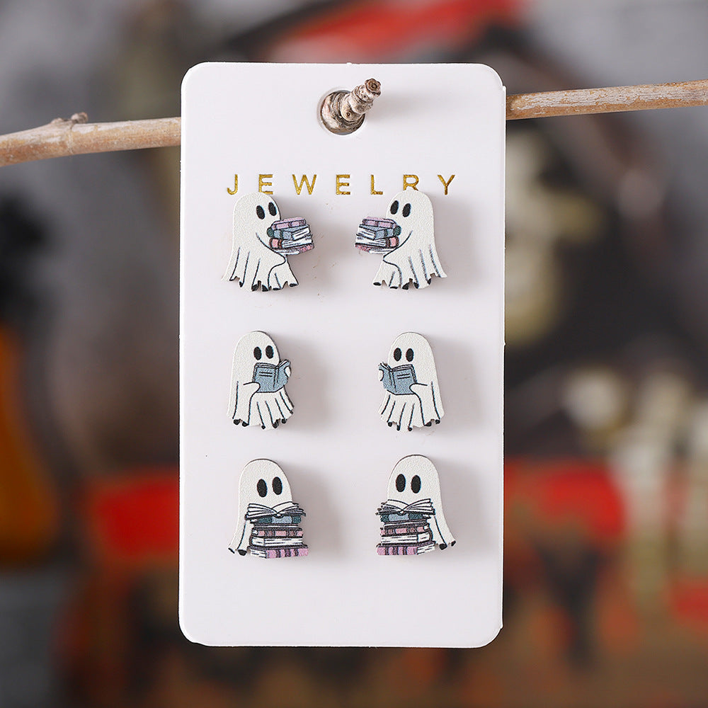 Halloween Book Ghost Wooden Stud Earrings