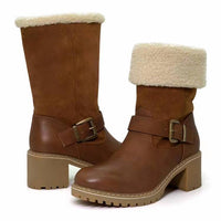 Fashion Boots With Buckle Chunky Heel Shoes Warm Winter Round Toe Western Boots For Women