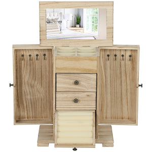 4-Tier Wooden Jewelry Box For Women, Jewelry Organizer With Mirror And 2 Drawers For Rings Earrings Necklaces, Brown