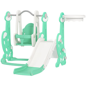 4 In 1 Toddler Slide And Swing Set For Ages 1.5-4, Toddler Playset Playground With Climber, Basketball Hoop, Green