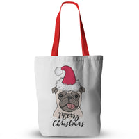 Canvas Christmas Pug Print Tote Bags