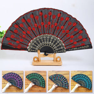 Abanico plegable de danza con lentejuelas y cola de pavo real de estilo chino