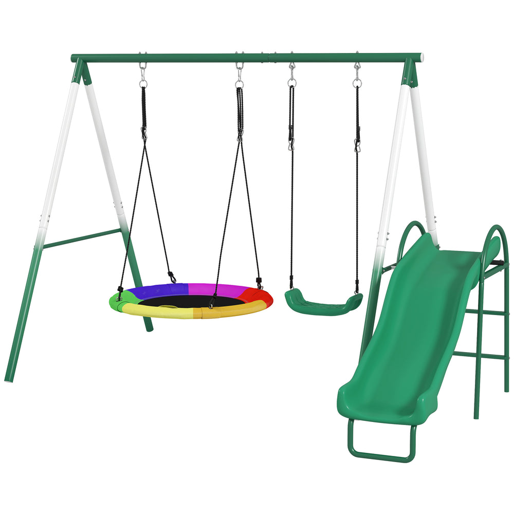 Metal Swing Set With Slide, Saucer Swing Seat, Heavy Duty A-Frame Stand And Adjustable Rope For Backyard, Dark Green