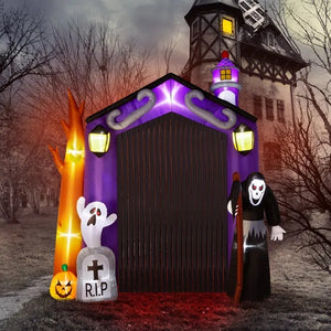 9.8 FT Halloween Inflatables Haunted House Castle Archway Outdoor Decorations, Scary Halloween Giant Grim Reaper Blow Up Ghost Decorations For Holiday Party Front Yard Lawn Garden Decor