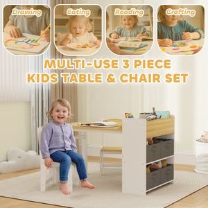 Desk And Chair Set With Paper Roll, Kids Activity Craft Table With Storage Shelves And Drawers, Natural Wood